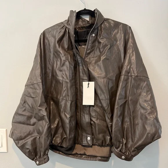 Zara Women's Brown Leather Bomber Jacket - Picture 7 of 8